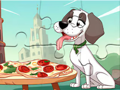 Jeu Puzzle : Chien mangeant de la pizza .